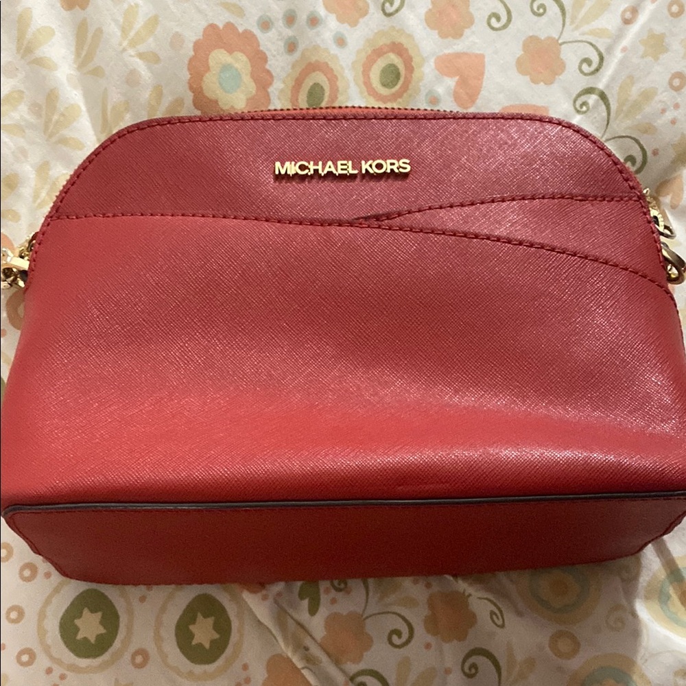 Michael Kors Red Dome Crossbody Bag with Gold Accents